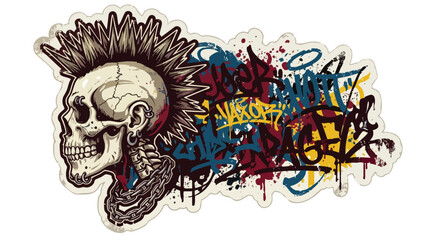 Graffiti-style skull with mohawk and colorful abstract background © colorshapppy
