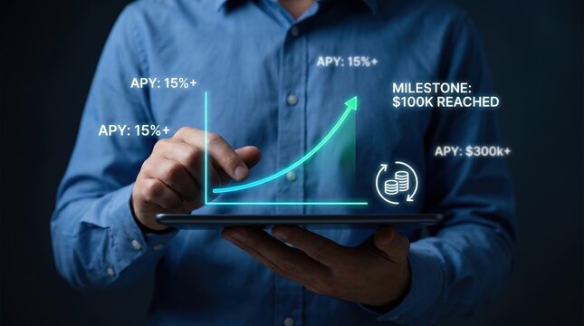Exponential Growth and Compounding Interest Concept: Professional Holding Tablet with Hockey-Stick Chart, High APY Data, and Glowing Compounding Icon