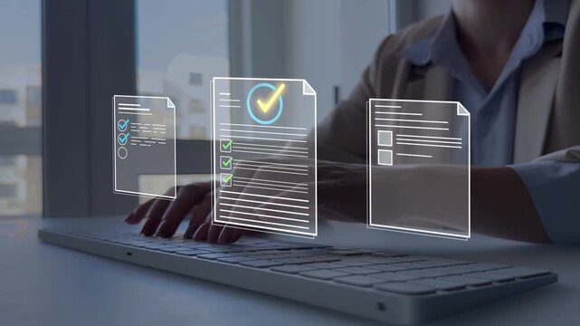 Business checklist and approval process with survey and certificate documents, verification, validation, audit, quality control and workflow management in modern office system concept for business
