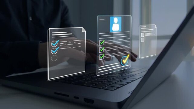 Employee approval process management.Digital documents with check marks verified staff records and online HR management.
