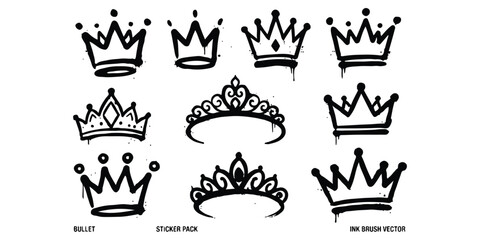 Set of hand drawn ink brush crown doodles and tiara sketches for royal design elements © md