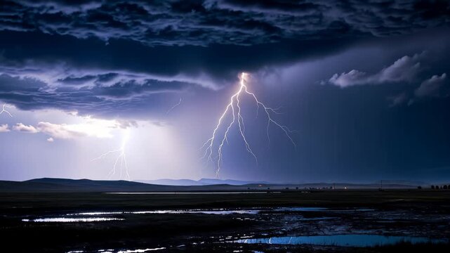 Dramatic nighttime storm with powerful lightning strikes over dark landscape and reflective water