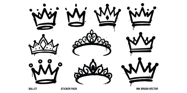 Set of hand drawn ink brush crown doodles and tiara sketches for royal design elements
