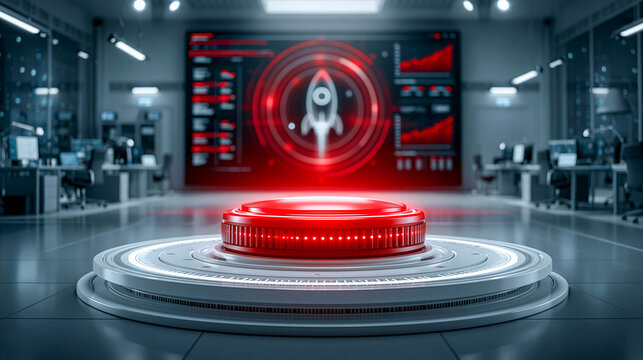 A command center with a red launch button and digital panels, an abstract rocket and growth charts on the main screen, and the concept of a startup, innovation, and business breakthrough.