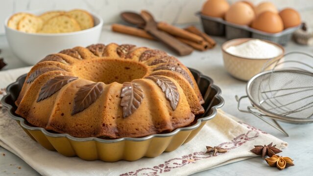 Delicious gugelhupf kuglof cake prepared for a cozy baking session at home with eggs and spices ready for use
