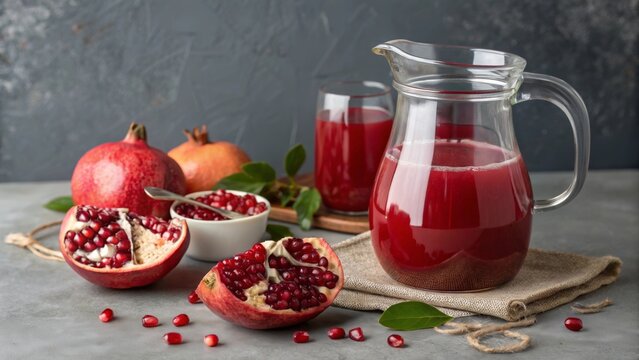 Fresh pomegranate juice served with whole and cut pomegranates on a rustic table in a cozy setting