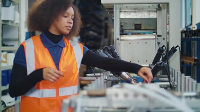female worker operates in a modern, automated metal manufacturing facility, using a digital tablet for machinery diagnostics