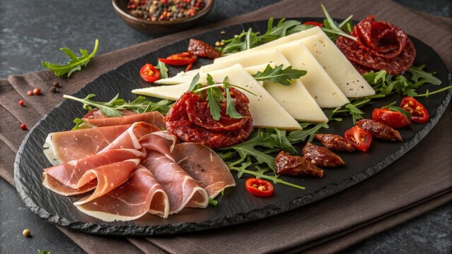 Charcuterie platter with cured meats, cheeses, and fresh vegetables arranged on a slate board