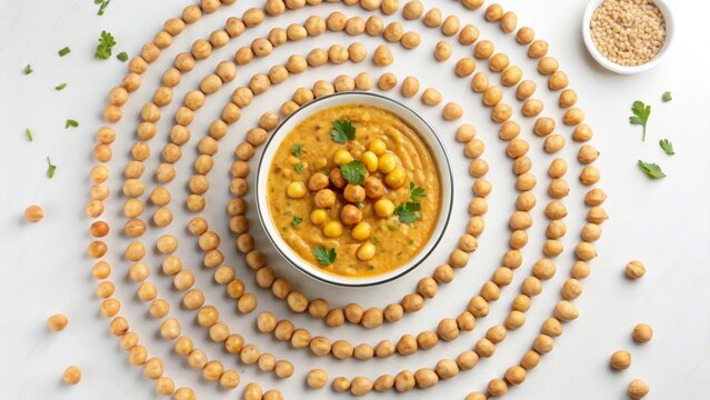 Chickpeas arranged in artistic layout with creamy dish at center creating a visually stunning culinary display