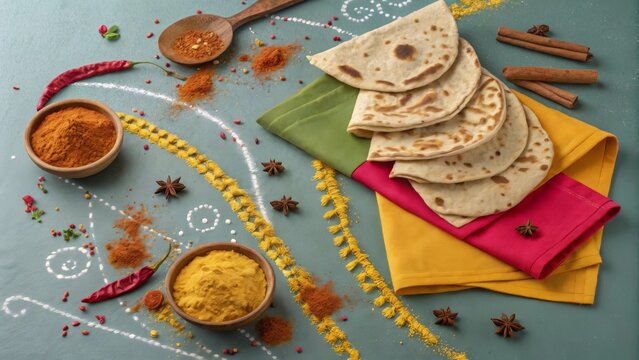 Artistic food layout featuring chapati and bri with colorful spices on a vibrant background