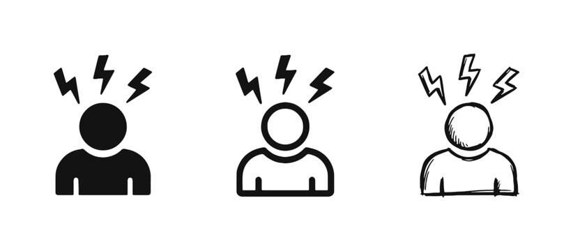 Stress Icons - Person with Lightning Bolt Symbols in Solid, Outline, and Sketch Styles