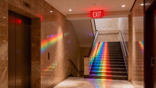 Staircase with rainbow lights in a building