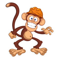 Obraz premium Cartoon funny brown monkey chimpanzee wearing safety helmet. Vector illustration isolated on white