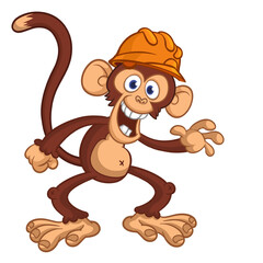 Obraz premium Cartoon funny brown monkey chimpanzee wearing safety helmet. Vector illustration isolated on white