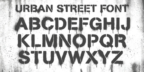 Urban street graffiti font with black spray paint letters on a concrete wall texture © md