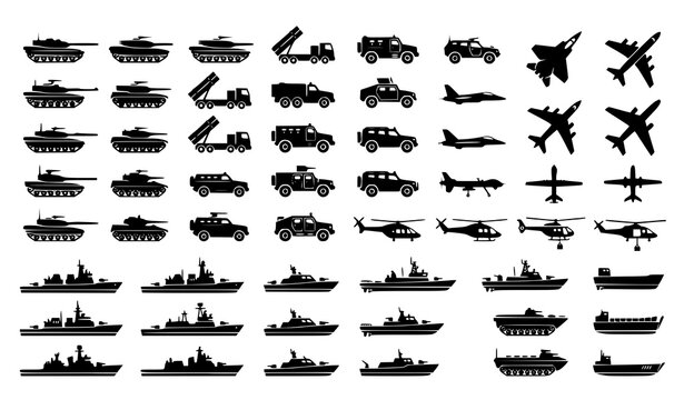 Black military transport icon collection with tanks aircraft helicopters ships and armored vehicles vector set