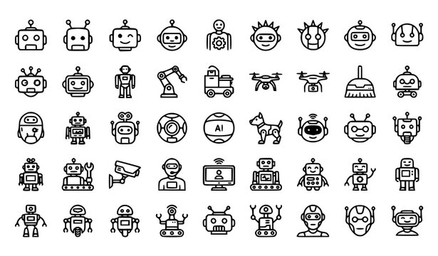 Modern robot outline icon set with AI android robotic mascot and automation symbols vector illustration