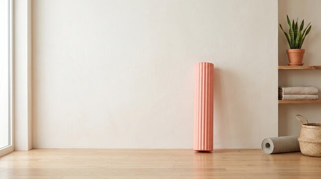 Pink foam roller standing upright on a light wooden floor inside a bright minimalist room which features simple shelves holding a green plant and folded towels in a calm space