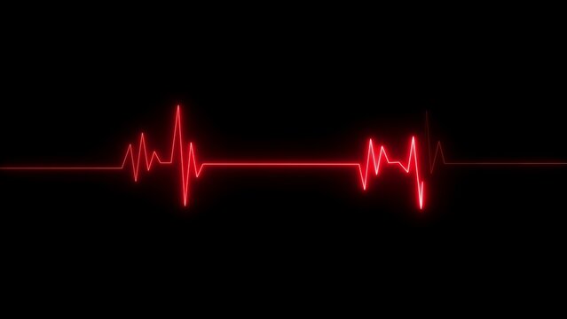 Bright red neon heartbeat pulse line ekg monitor waveform isolated on solid black background
