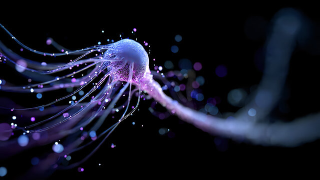 Dynamic visualization of a complex neural network or microscopic biological entity, pulsing with energetic light particles against a dark background