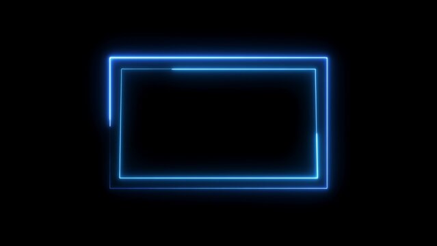 Double glowing neon blue rectangular frame border isolated on a solid black background for