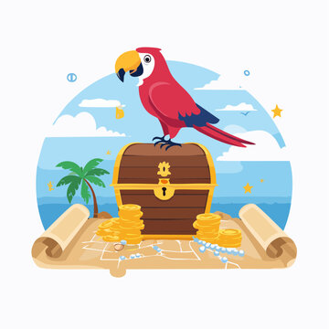 Pirate Treasure Chest with Parrot, Map, and Gold Coins