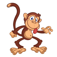 Obraz premium Cartoon funny brown monkey chimpanzee jumping or dancing. Vector illustration isolated on white