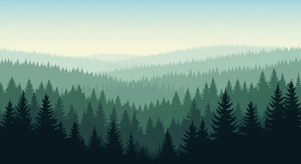 Fototapeta premium Forest landscape silhouette, evergreen trees on layered hills, vector art