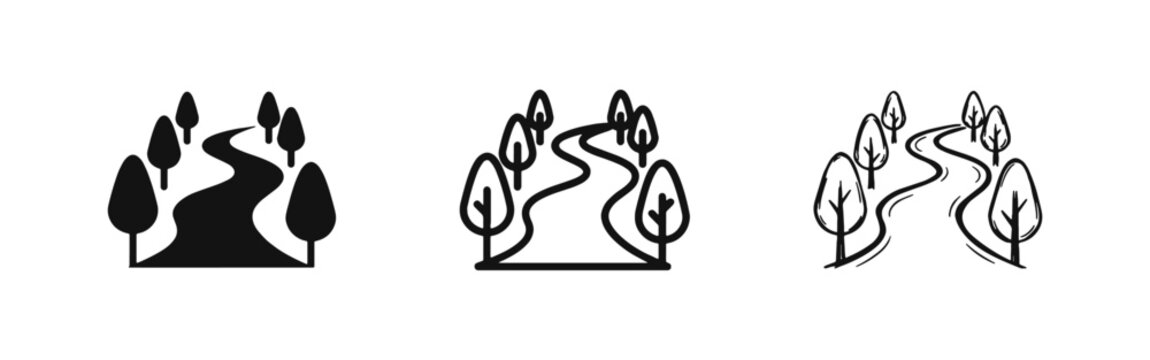Nature path road through trees landscape icon set