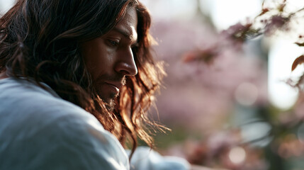 Fototapeta premium Cinematic close up profile silhouette of Jesus Christ in flowing white robes against a bright soft pastel spring garden backdrop jesus christ portrait spring garden faceless