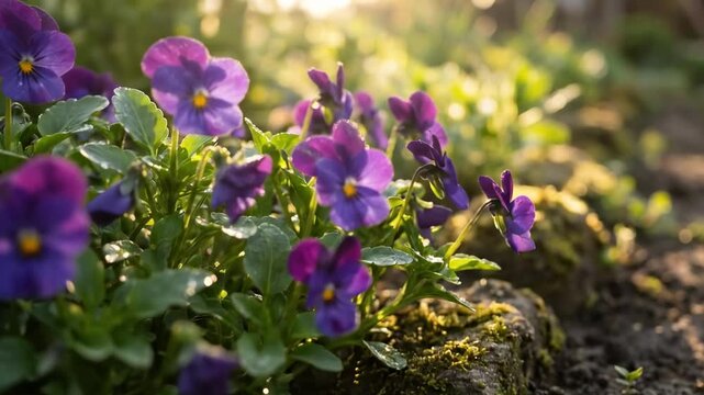 Cluster of purple viola flower blooms growing beside mossy garden stone, warm golden backlight, dewy green leaves, shallow depth, peaceful woodland spring scene for elegant floral nature background