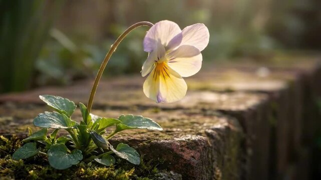 Single pale cream viola flower bending above mossy old brick path, soft backlit petals, fresh green leaves, warm garden bokeh, delicate vintage botanical close-up for calm spring floral design