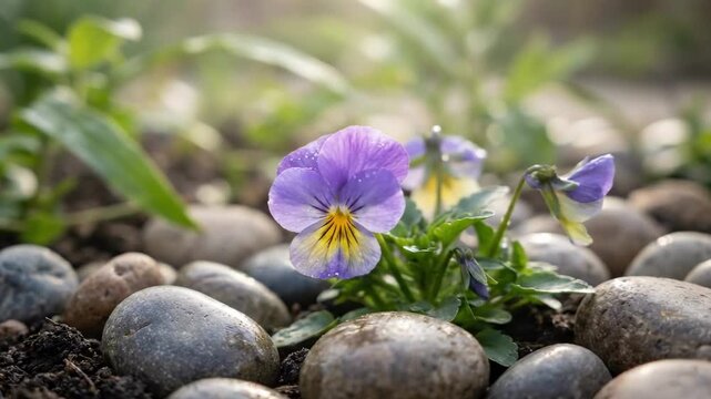 Soft lavender viola flower blooming among smooth garden stones, glowing sunrise haze, dewy petals, fresh green leaves, tranquil botanical close-up for natural spring wellness and gentle floral decor