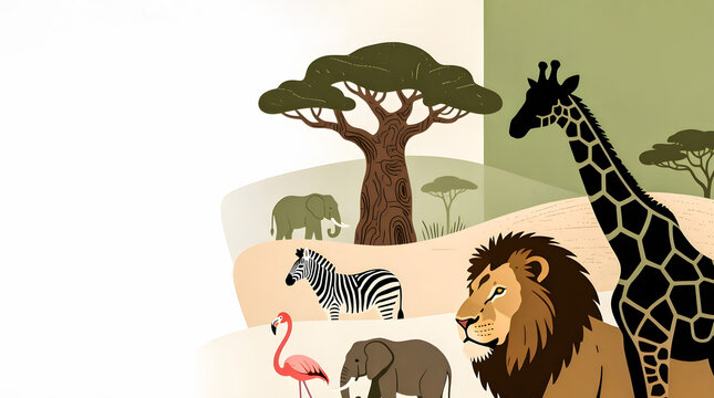 Vertical side border featuring safari animals and savanna trees on a clean white background.