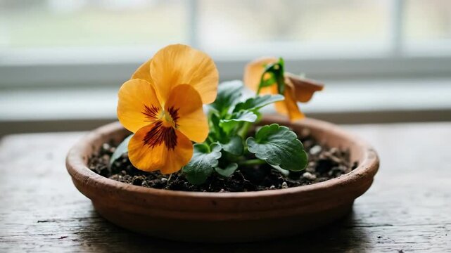 Orange yellow viola flower blooming in rustic clay pot on wooden windowsill, soft indoor daylight, dark soil, fresh leaves, cozy botanical close-up for warm home garden floral decorative scene
