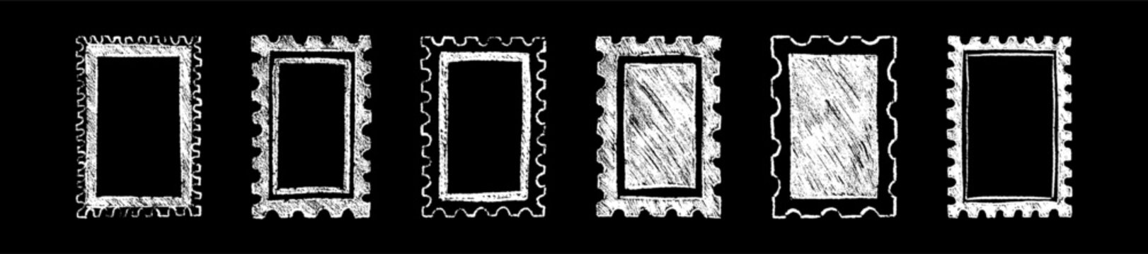 Hand drawn grunge postage stamp layout template background. Funky grunge black chalk, charcoal, ink frame drawing. Rough sketch quirky postal scallop, zigzag, jagged graffiti frames and borders