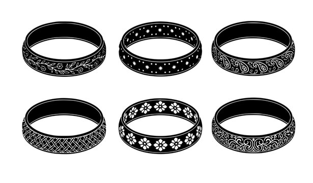 Six traditional ornamental bangles silhouette vector set with decorative ethnic jewelry patterns