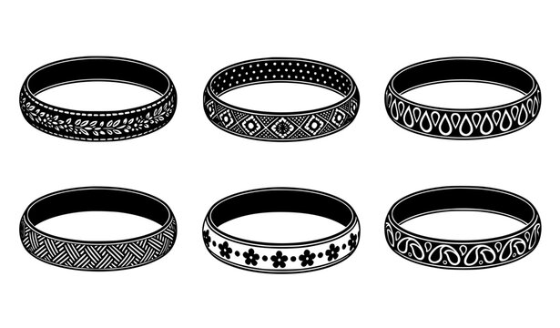 Traditional bangles silhouette vector set with elegant ornamental jewelry pattern designs