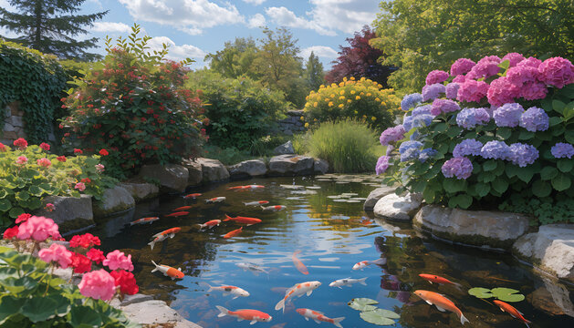 serene koi pond nestled within a vibrant, meticulously landscaped garden, showcasing colorful flowers and lush greenery.
