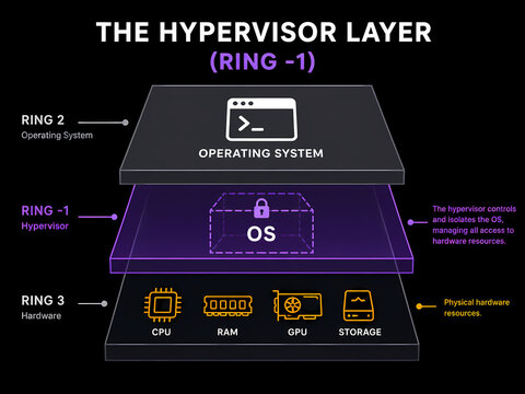 Diagram illustrating the hypervisor layer, operating system, and hardware resources.