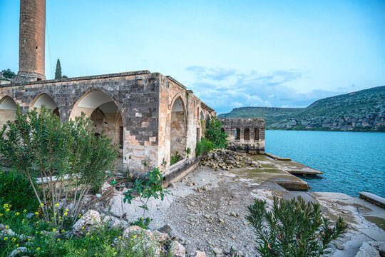 The scenic sunset views of the Halfeti, submerged in the 1990s under the waters behind the dam on the Euphrates at Birecik, Gaziantep, and 50 km west of Şanlıurfa, Turkey