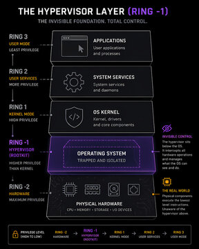 Diagram illustrating the hypervisor layer and privilege rings in a computer system.