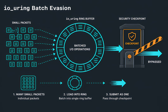 Diagram illustrating io_uring batch evasion with batched I/O operations bypassing a security checkpoint.