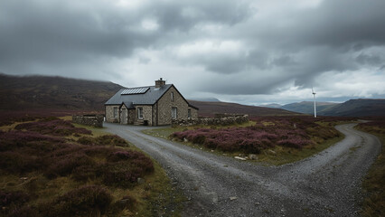 Fototapeta premium Scottish Highland Stone Lodge With Solar Panels and Wind Turbine on Open Moorland, Retrofit Eco Home, Renewable Energy