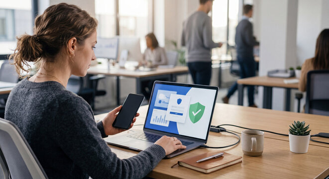 Office worker using multi-factor authentication on phone and laptop