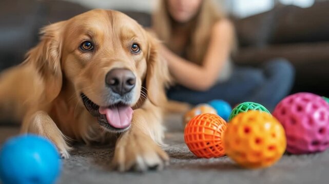 cheerful pet sitter interacting with happy golden retriever indoors