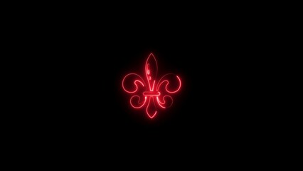 Glowing red neon fleur de lis symbol centered on a solid dark black background © KAMRUL 