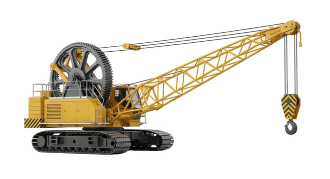 Minimal black silhouette icon, simple flat vector, bold black shape, no, no shading yellow crawler crane with lattice boom on a, flat icon style