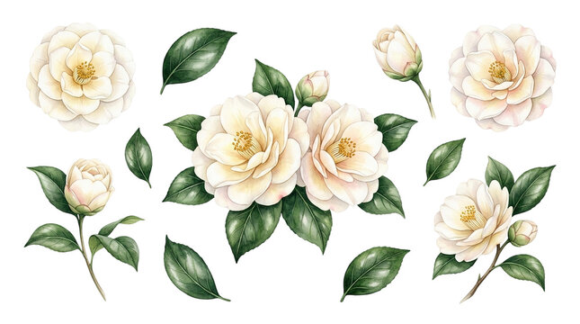 Elegant White Camellia Flower Illustrations, Botanical Floral Elements, Delicate Blossom Art, Romantic Garden Design Assets