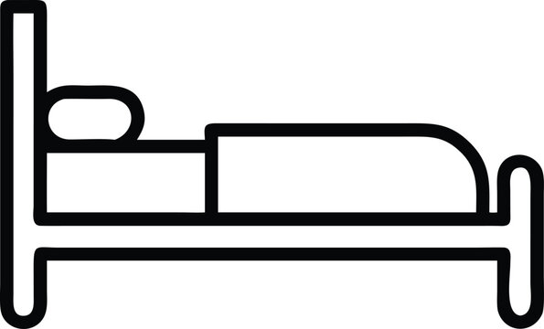 Simple outline icon of a single bed with pillow and blanket on white background bedroom furniture